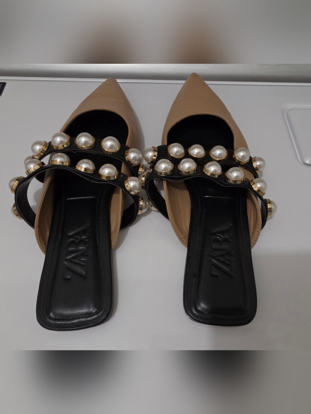 Zara Tan Pearl-Embellished Pointed Toe Mules Size 38